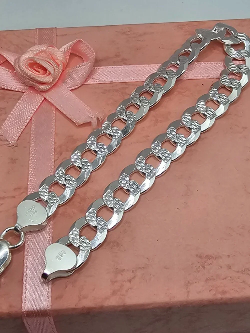 Sterling Silver 925 High Polished Diamond Cut Curb Bracelet 8.9mm 8 inches